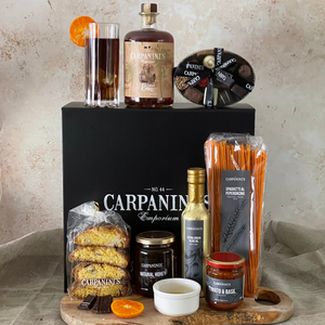 carpaninis black gift box with rum glass pasta olive oil sauce cantucci and honey