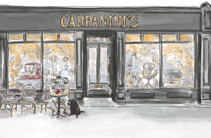 computer graphic drawing of the outside store of carpaninis in abergavenny