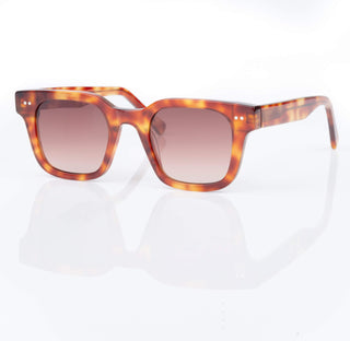 Sunglasses with tortoiseshell frame and brown lenses on a white background