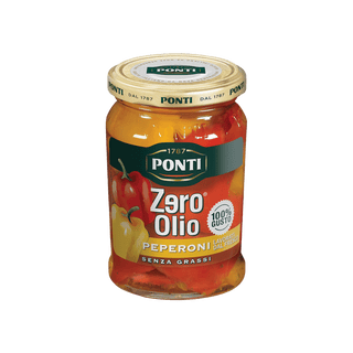 Jar of Ponti Zero Olio Peperoni on a green background