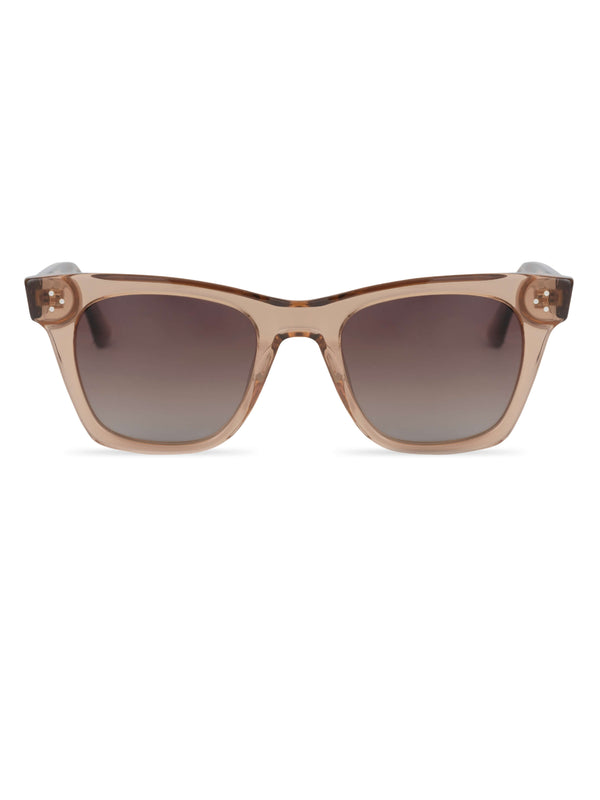 Sunglasses with brown frame and gradient lenses on a white background