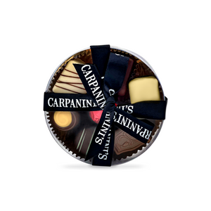 carpaninis small round clear box of assorted belgian chocolates with black ribbon
