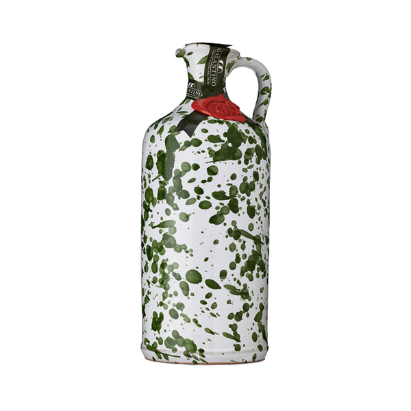 hand painted ceramic jar of extra virgin olive oil with dark green paint bloches