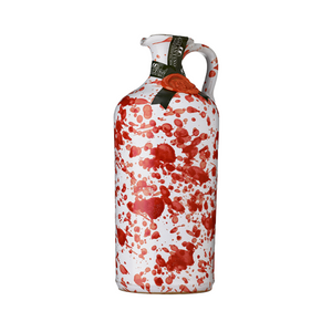 hand painted ceramic jar of extra virgin olive oil with red paint bloches