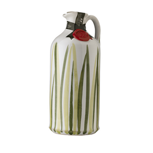 hand painted ceramic jar of extra virgin olive oil with dark and light green lines