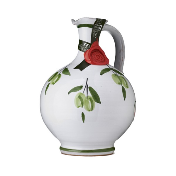 hand painted ceramic jar of extra virgin olive oil with dark and light green olive branches