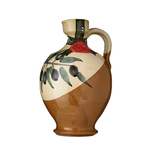 hand painted brown and cream ceramic jar of extra virgin olive oil with large olive branch